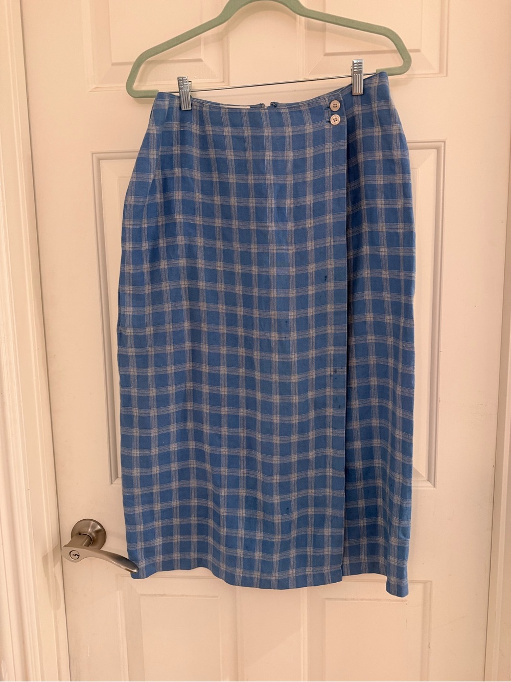 Talbots Irish Linen Midi Maxi Skirt Womens Size 12 Blue Plaid Wrap Casual Vtg